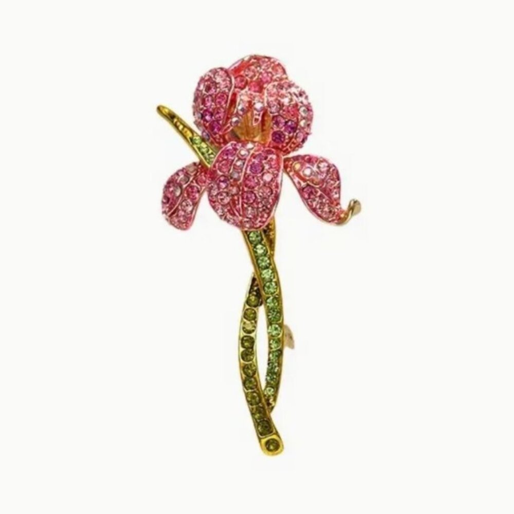 Sparkling Pink Iris Flower Brooch Pin Pink Rhinestones